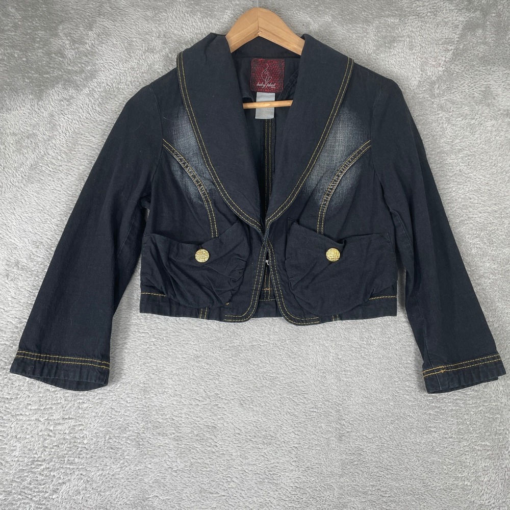 Baby Phat Denim Jacket Womens Medium Black Cropped Gold Logo Y2K McBling